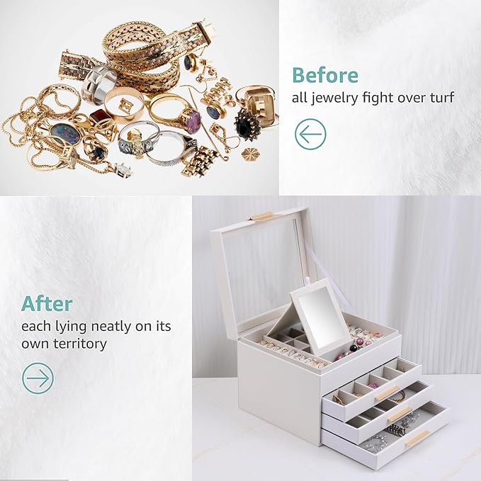 BOOVO Clear Lid Jewelry Box,3 Layers Jewelry Organizer Large Jewelry Storage Box with 2 Drawers,Jewelry Holder Organzier of Rings Earrings Necklace Bracelets for Women (White, 4 Layer) - Image 7