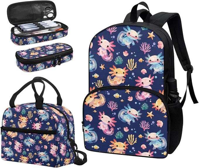 3pcs Kids School Bookbag with Insulated Portable Lunch Bag Pencil Case Colorful Axolotl Backpack Daypack for Kids Teen Girls - Image 6