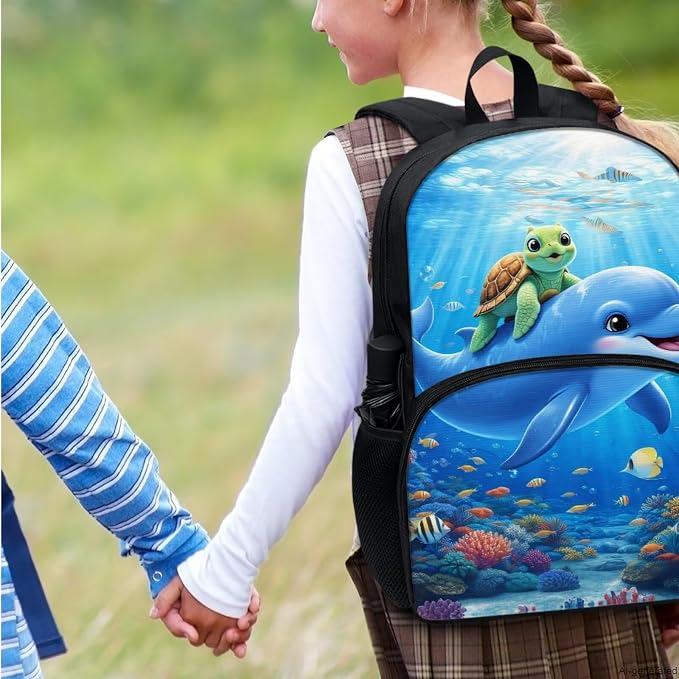 Sea Turtle Dolphin School Backpack for Kids Girls Boys Teens 17 in Bookbag Set 4 Pcs Elementary College Students School Laptop Backpack Lunch Box Pen Case Water Bottle Carrier Bag - Image 7