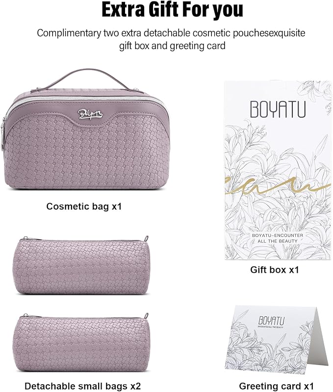 BOYATU Travel Makeup Bag Cosmetic Bags for Women: Large Capacity 3 Pcs Set Make up Bag with Compartments - Waterproof Vegan Leather Toiletry Organizer Bags with Handle (L55Light Purple) - Image 6