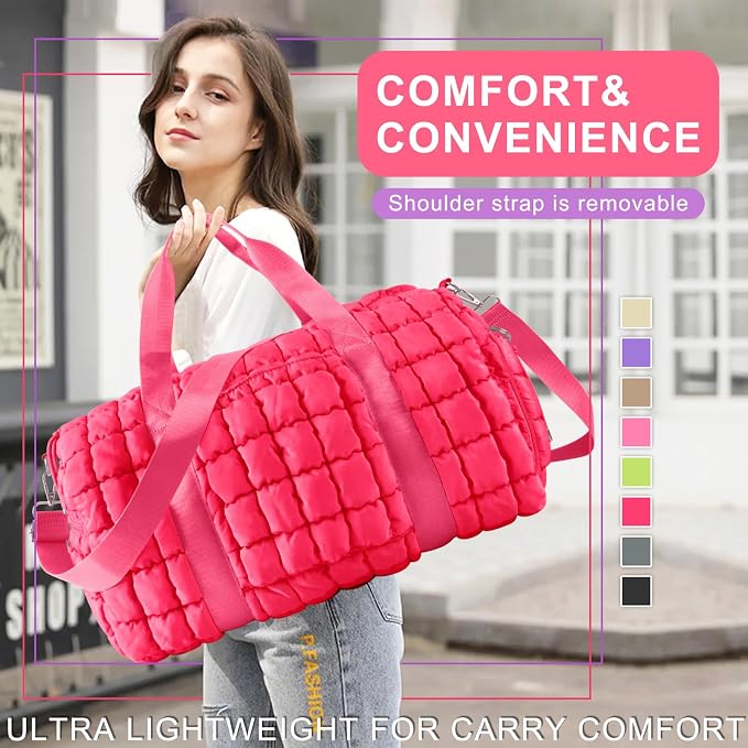 Quilted Travel Duffle Bag Gym Bag for Women,Large Puffer Duffle Weekender Bag with Compartment,Workout Overnight Carry on Organizer Bag Duffle Bag for Airplane Travel(Rosered) - Image 8