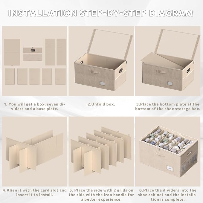 2 Pack Shoe Organizer for Closet Large Shoe Box Storage Containers with Clear Window Space Saving Shoe Bin with Foldable Bottom Support Adjustable Dividers Fits 36 Pairs (Beige, (24.4*16.5*13inch)x2) - Image 7