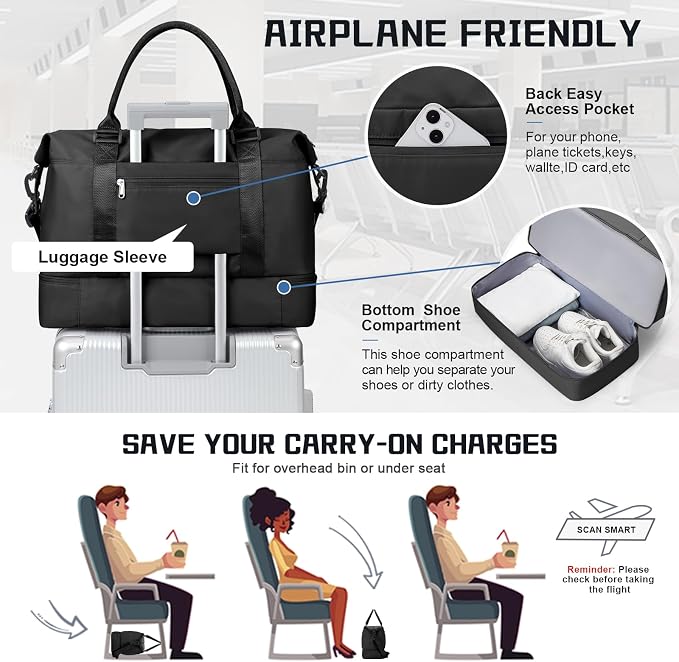 Travel Duffel Bag with Shoes Compartment,Weekender Bags for Women Travel | Overnight Carry-On Bag with Toiletry Bag & Wet Pocket & Trolley Sleeve,Extra Large - Image 7