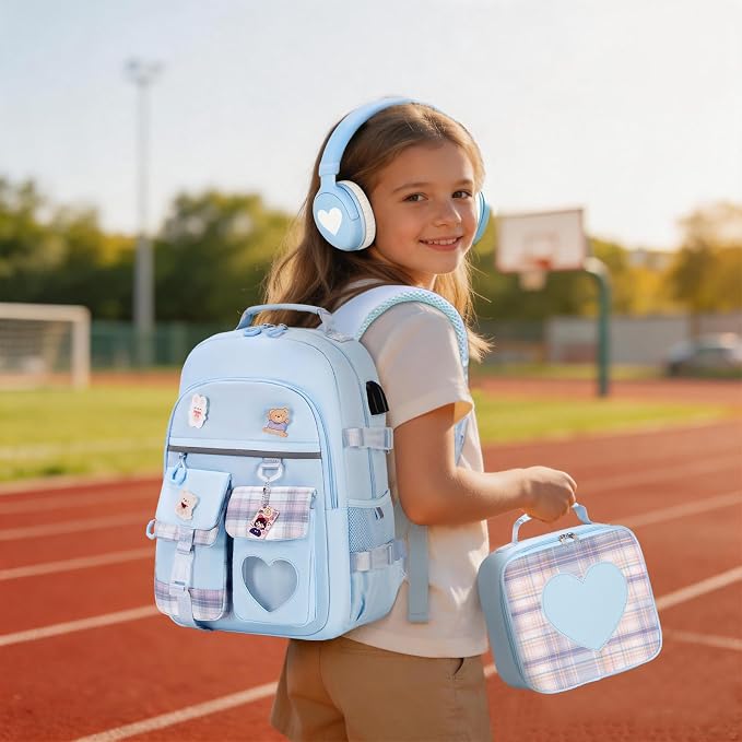 ACESAK Backpack for Girls with Headphones - Girls Backpack with Lunch Box, Pencil Case & Kids Headset - 3.5mm Wired Headphones for School Bookbag Schoolbag Set Back To School Gift (Blue) - Image 8