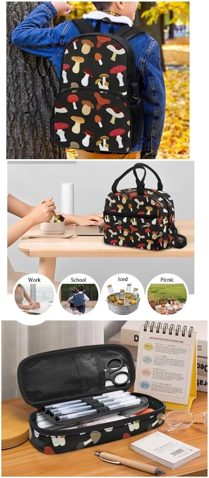 Black Lovely Mushroom Backpack Set for Girls Kids Lightweight Cute School Backpack with Lunch Box Pencil Case Adjustable Strap Padded Book Bag Insulated Lunch Bag - Image 5
