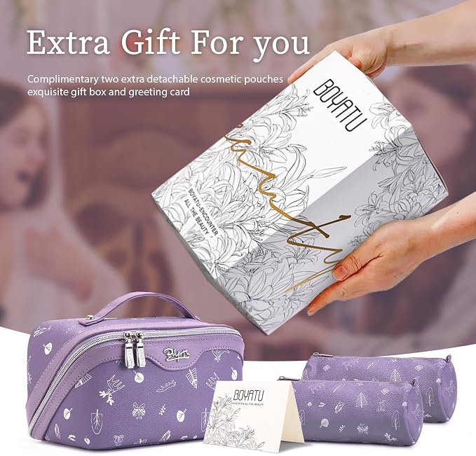 BOYATU Travel Makeup Bag Cosmetic Bags for Women: 3 Pcs Set Portable Make up Bag with Handle - PU Leather Toiletry Bags with Compartments - Makeup Organizer for Travel Essentials(L-3-Purple) - Image 6