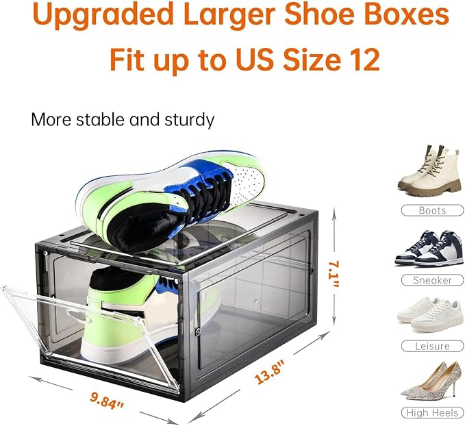 Amllas 12 Pack Shoe Boxes Stackable,Upgraded Sturdy Shoe Storage Boxes with Clear Magnetic Door,Multifunctional Sneaker Storage, Shoe Box Organizer Fit up to US Size 12 Gray(13.8”x 9.84”x 7.1”) - Image 7