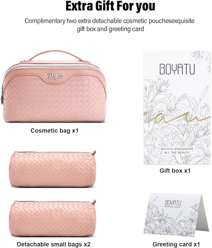 BOYATU Travel Makeup Bag Cosmetic Bags for Women: Large Capacity 3 Pcs Set Make up Bag with Compartments - Waterproof Vegan Leather Toiletry Organizer Bags with Handle (L04 Light Pink) - Image 6