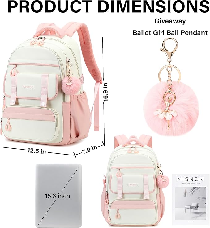School Backpack for Girls, 3PCS Laptop Backpack 15.6 Inch with Lunch Box Pencil Pouch Set for Kids Teens Elementary Middle High School College Bookbag Student Casual Travel Daypack,Pink Beige - Image 6