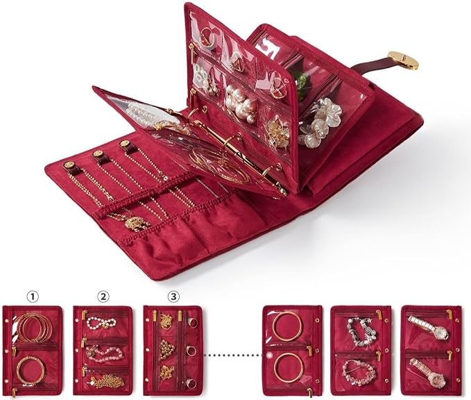Travel Jewelry Organizer Case - Portable Jewelry Box for Women with Multiple Compartments, Mini Travel Jewelry Bag for Earrings, Necklaces, Rings & Bracelets (Red) - Image 9