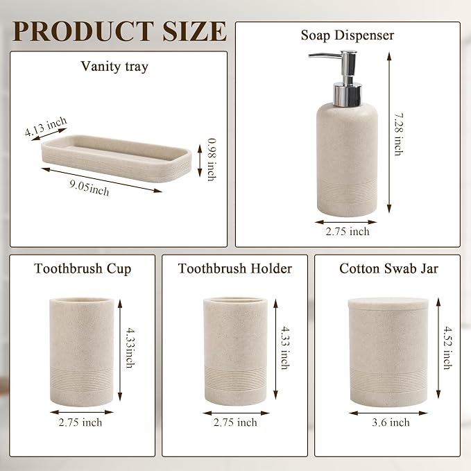 Bathroom Accessories Set, 6-Piece Bathroom Accessory Set, Toothbrush Holders Set, Soap Dispenser, Vanity Tray, Tumbler, Cotton Swab Jars, Bathroom Organizer for Modern Bathrooms(Beige) - Image 7