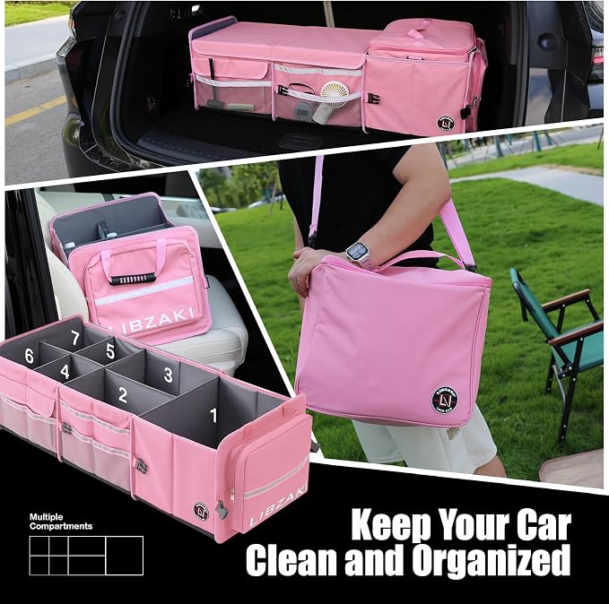 LIBZAKI Oversize 4 in 1 Car Trunk Storage Organizer, Multi Compartment Collapsible Trunk Storage Box with Cooler Bag for Car Truck SUV-Pink - Image 7