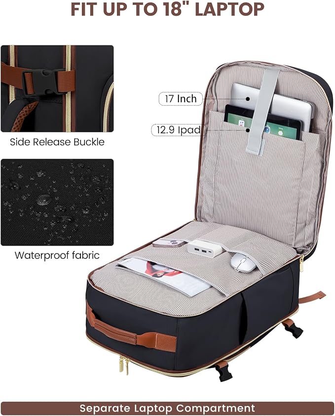LOVEVOOK 56L Travel Backpack for Women & Men, Airline Approved Carry On Luggage with 3 Packing Cubes, TSA Overnight Bags, Waterproof Personal Item Bag, Weekender Essentials Backpacks fits 17" Laptop - Image 6