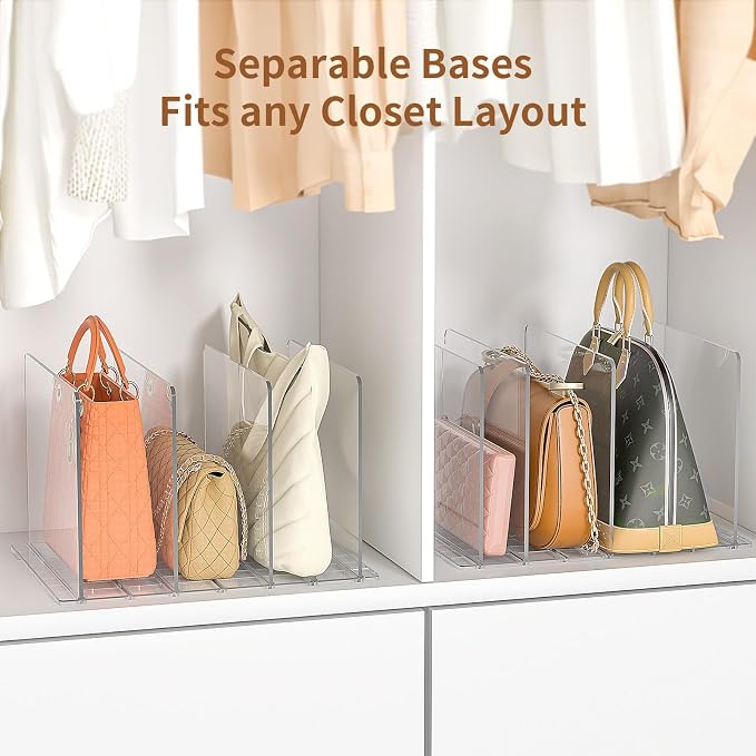 GoMaihe Bag & Purse Organizer for Closet: 4 Sets Adjustable Clear Handbag Storage Shelf - Plastic Clutch Dividers | Minimal | Keep Purses upright - Image 6