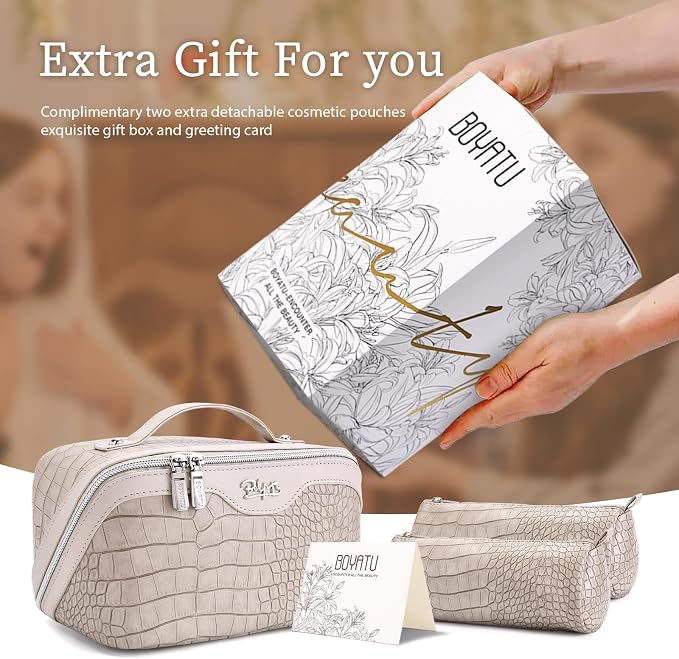 BOYATU Travel Makeup Bag Cosmetic Bags for Women: 3 Pcs Set Large Capacity Make up Bag with Handle - Crocodile Pattern Vegan Leather Toiletry Bags Travel Essentials with Compartments(E-5-Apricot) - Image 6