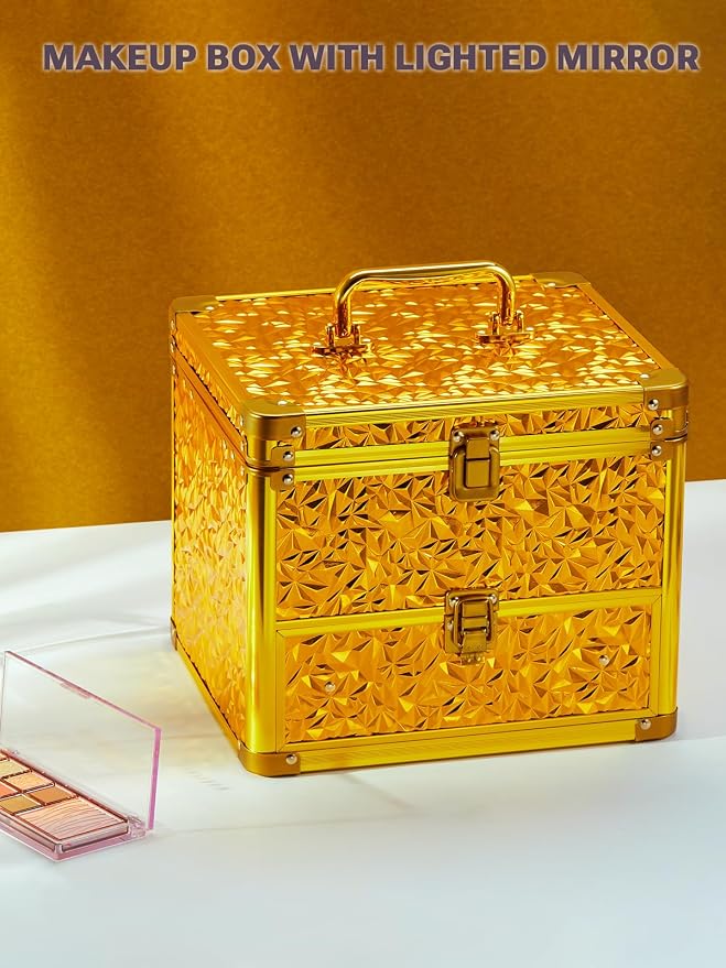 Qislee Makeup Box with Detachable Magnetic LED Mirror, Travel Train Case | Makeup Storage with Drawer, 6 Adjustable EVA Dividers, 2 Brush Boards, for Flight Trips, Waterproof Portable, Luxury Gold - Image 7