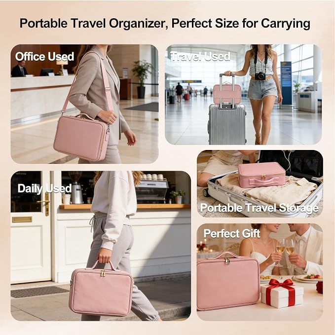 Travel Makeup Bag with Brush Holder, Professional Cosmetic Train Case Organizer, Portable Travel Makeup Brush Carry Case Artist Storage Box with Adjustable Dividers and Shoulder Strap, Leather Pink - Image 6