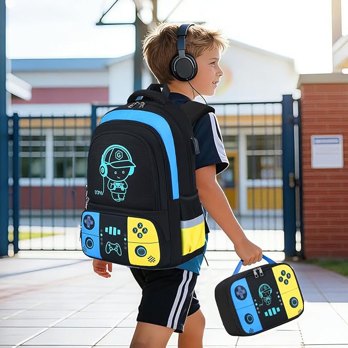 Bevalsa Backpack for School Boys, Cool Luminous Gamer Boys Schoolbag with Lunch Box & Pencil Case Set for Kids Teens Elementary Middle School, Bookbag Glow In The Dark(Yellow Blue Backpack) - Image 8