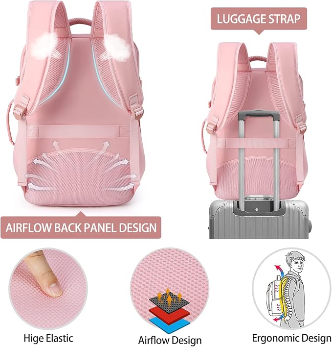 Lubardy Travel Backpack for Men Women 17 Inch Flight Approved Carry on Backpack Waterproof Large 40L Luggage Daypack Business College Weekender Overnight Laptop Backpack with 3 Packing Cubes, Pink - Image 8