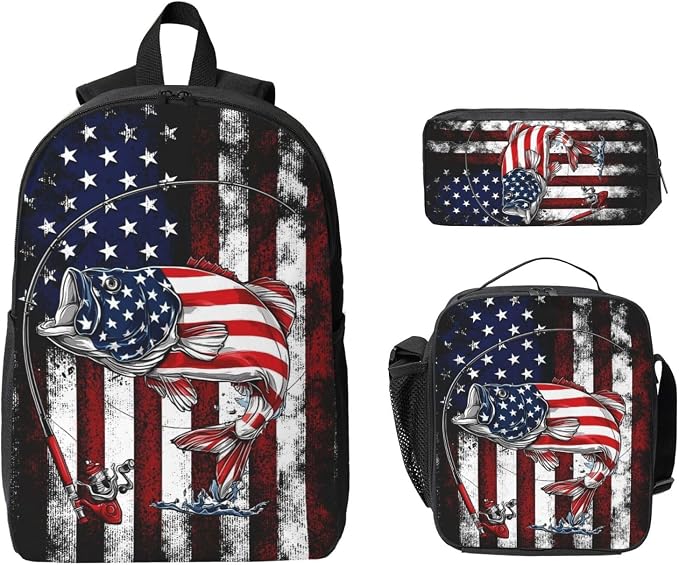 USA Fish Kid Backpack Set with Lunch Bag & Pencil Case Large Capacity School Bag 17 Inch Bookbag for Boy Girl - Image 8