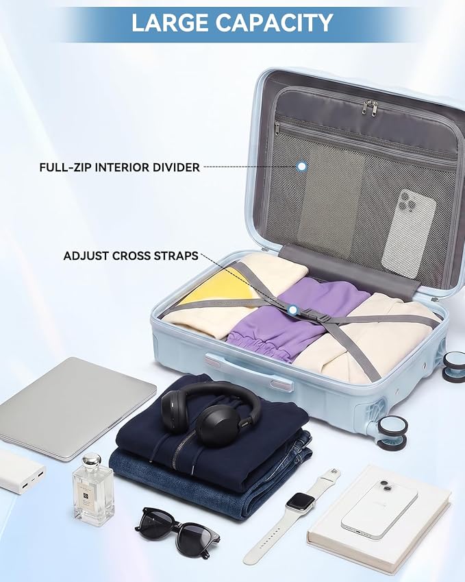 Somago Luggage Set of 3 Piece Suitcase Set Carry On Luggage with YKK Zipper TSA Lock ABS Hardside Luggage Spinner Wheels, Light Blue - Image 9
