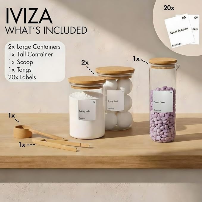 IVIZA Glass Laundry Detergent Dispenser & Storage Set – Liquid Detergent Pump, Fabric Softener Dispenser, Laundry Powder Jar & Dryer Sheet Holder – Complete Laundry Organization Set - Image 7