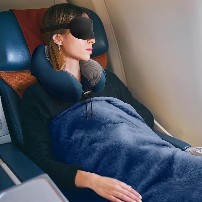 urnexttour Travel Pillow and Blanket Set Neck Pillows Travel Essentials with Sleep Mask for Airplane Car Memory Foam Blue - Image 8