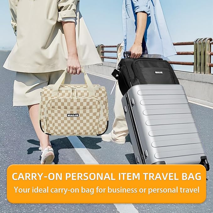 Underseat Carry On Luggage Lightweight Travel Tote Weekender Bag Overnight Duffle Bag for Travel, Travel Essentials Personal Item Travel Bag for Women, Corduroy Khaki Grid-16Inch - Image 7