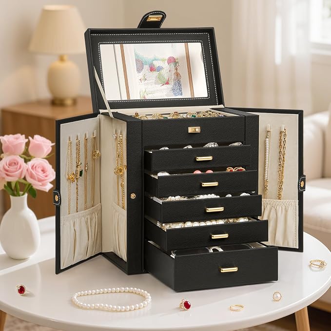 AKOZLIN 6-Tier Jewelry Box Organizer Functional 5 Drawers Leather Jewelry Storage Case for Women Girls Ring Necklace Earring Bracelet Holder Organizer with Mirror Medium Black - Image 7