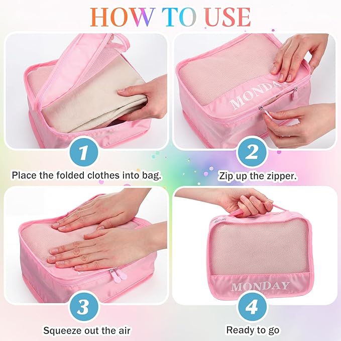 Days of Week Packing Cubes Summer Camp Essentials Weekly Organizer Storage Bag School Clothes for Travel Kids Family(9x7x3inch,Macaron,8) - Image 6