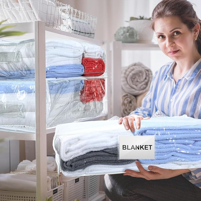 Kenning 20 Pcs Clear Zippered Storage Bags for Sheet Plastic Sweater Bag with Handle and Label Pocket Vinyl Stackable Closet Organizer Moving Bag for Bed Blanket Clothes Pillow(White,18 x 15 x 4 Inch) - Image 6