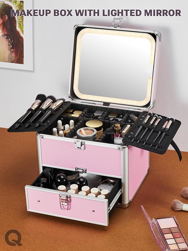 Qislee Makeup Box with Detachable Magnetic LED Mirror, Travel Train Case | Make Up Bag with Drawer, 6 Adjustable EVA Dividers, 2 Brush Boards, for Flight Trips, Waterproof Portable, ICY Pink - Image 7