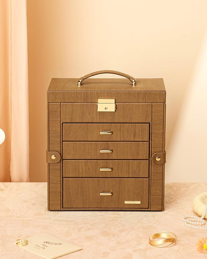Homde Synthetic Leather Huge Jewelry Box Mirrored Watch Organizer Necklace Ring Earring Storage Lockable Gift Case (Brown + Gold) - Image 9
