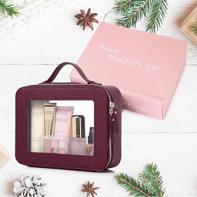 Pinkmik Clear Makeup Bag Waterproof Travel Case for Cosmetics and Toiletries Women's Makeup Organizer and Car Bag with Zipper (X/Burgundy, L) - Image 7