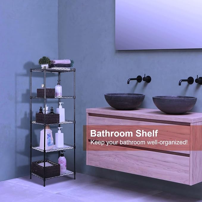 5-Tier Wire Shelving, 11.8x15.7x63in, Black - Heavy Duty Shelf - Kitchen Storage Shelves - Image 7