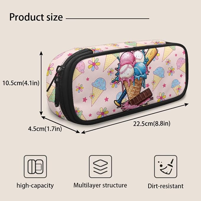 Ice Cream Cone Baseball 4-Piece Backpack Set with Lunch Box, Pencil Case & Dinosaur Charm, 17 Inch Bookbag for Girls 4th 5th 6th Grade Large Capacity Sport Backpack - Image 7