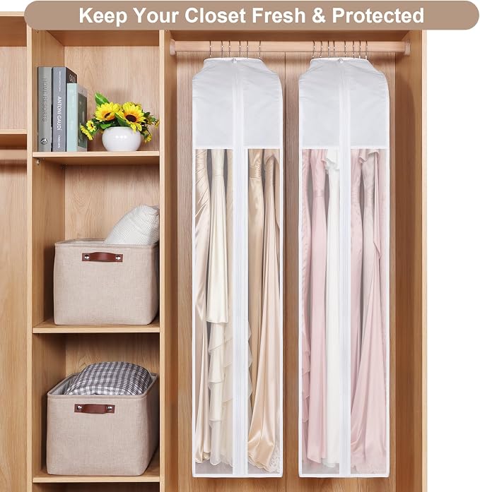 60" Premium Cotton Garment Bag for Hanging Clothes and Storage, Breathable Dress Bags for Gowns with Extra Large 10" Gusseted & Clear Window, Dust Cover with Zipper for Long Dresses, 3 Pack - Image 6
