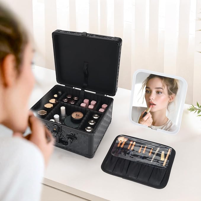 Makeup Case with LED Mirror, Portable Lockable Vanity Case, Travel Makeup Train Box for Women, Cosmetic Organizer, Detachable 3-Color Lighted Mirror, Adjustable Dividers, Brush Holder - Image 8