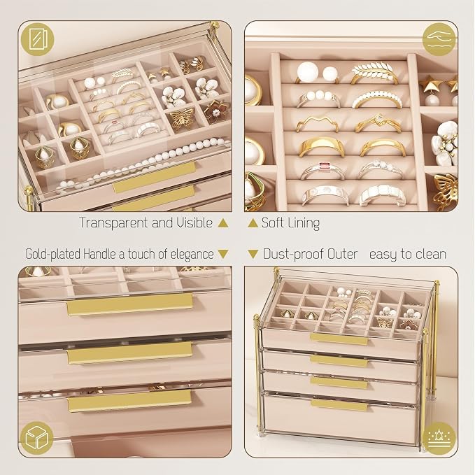 FOLLOWIN Jewelry Box for Women, 4 Drawers Jewelry Organizer and Storage, Clear Acrylic Jewelry Organizer with Removable Velvet Trays, Large Capacity Jewelry Holder for Rings Earrings Necklaces - Image 7
