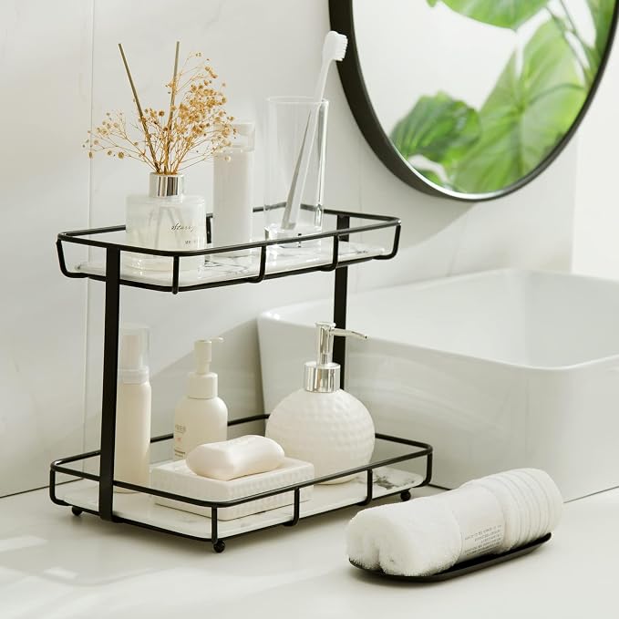 Bathroom Organizer Countertop Perfume Organizer Makeup Organizer Cosmetics Storage Display Rack Vanity Tray Dresser Stainless Steel Gold Shelf White Marble Ceramic Tray (2 Tier L-Black) - Image 8