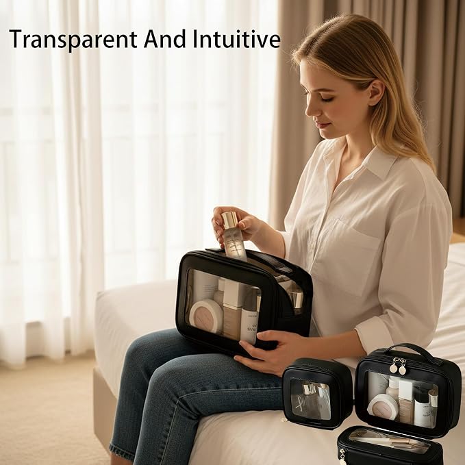 2 Complete Sets of 3-Size Makeup Bags | Premium Transparent & Waterproof Cosmetic Organizer Storage Bag | Travel Toiletry & Skincare Storage Set(Black, L+M+S) - Image 7