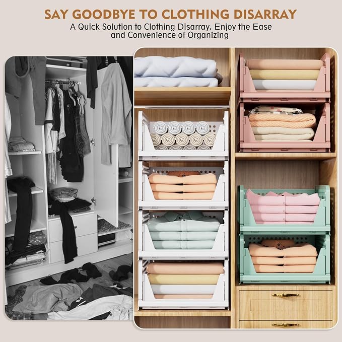 SNSLXH 5 Pack Stackable Closet Storage Basket, Multifunctional & Foldable Closet Organizer for Bathroom Kitchen Laundry Room Wardrobe Storage, Space-Saving Clothes Storage Drawer Organizer, White - Image 8