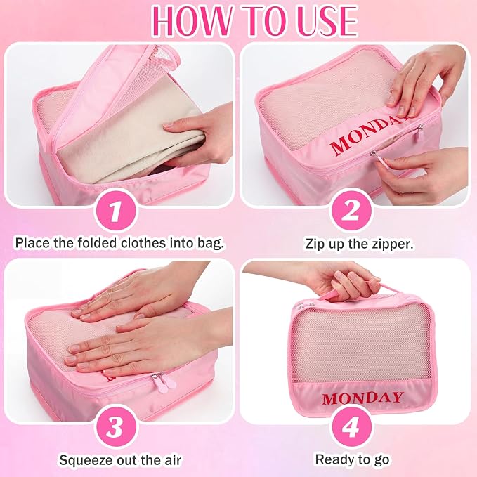Days of Week Packing Cubes Summer Camp Essentials Weekly Organizer Storage Bag School Clothes for Travel Kids Family(9x7x3inch,Pink,15) - Image 6