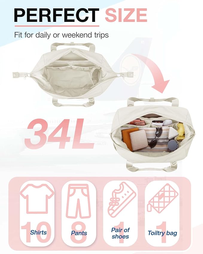 BAGSMART BAGSMART Gym Bag for Women, Carry on Weekender Overnight Bag, Travel Duffel Bags with Trolley Sleeve, Personal Item Travel Bag Tote Bag Workout Dance Bag(Light Beige-Large) - Image 6