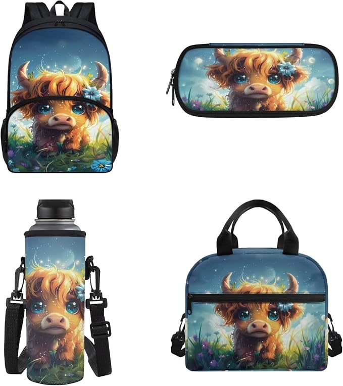 4pcs Highland Cow Backpack for Boys 8-12,Cute Highland Cow School Bag with Lunch Bag Pencil Case Water Bottle Holders Crossbody BagsElementary School Bookbag Child Travel Bag Causal Daypack - Image 5