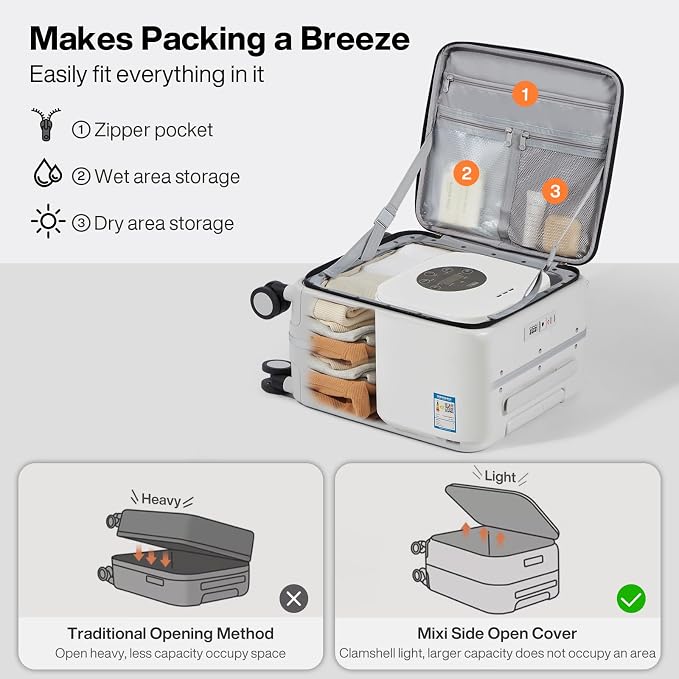 mixi 17x14x9 Carry On Luggage Underseat PC Hard Shell Suitcase Top Opening Aluminum Frame Travel Suitcases with Wheels, Smoke White - Image 8