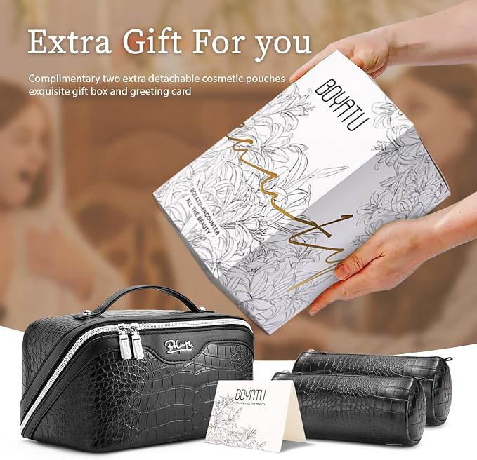 BOYATU Travel Makeup Bag Cosmetic Bags for Women: 3 Pcs Set Large Capacity Make up Bag with Handle - Crocodile Pattern Vegan Leather Toiletry Bags Travel Essentials with Compartments(E-1-Black) - Image 6
