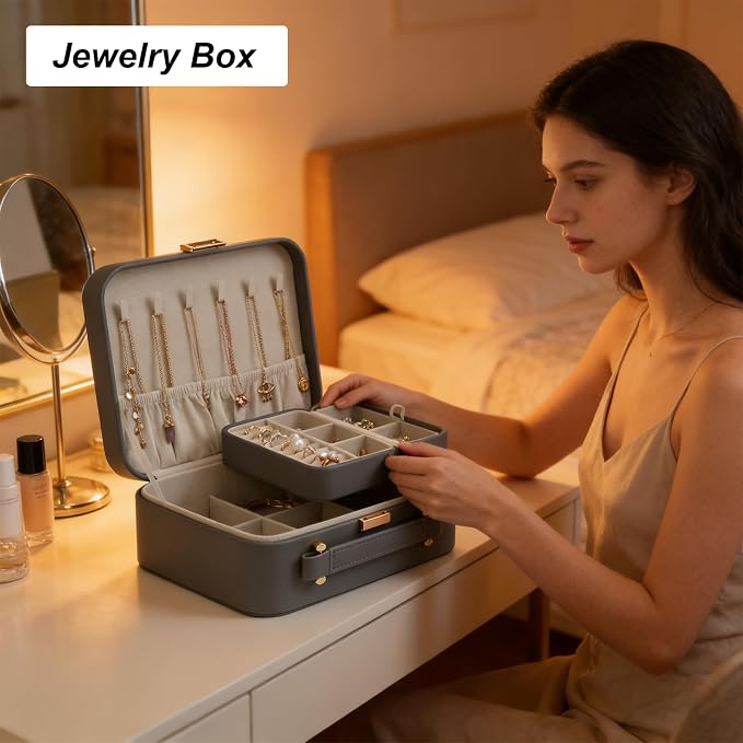 Jewelry Box for Women, Travel Jewelry Organizer Ladies Watch and Jewelry Case Travel Jewelry Case for Necklaces. (Grey) - Image 7