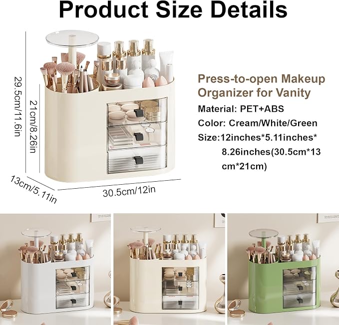 DASITON Makeup Organizer with 3 Drawers,Automatic Lifting Makeup Brush Holder with Lid,Large Capacity Makeup Organizers for Vanity,Bathroom Countertop,Ideal Storage Skin Care,Brushes,Lipstick (Cream) - Image 6