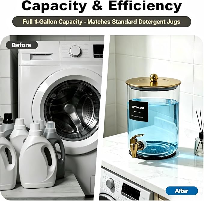 Glass Laundry Detergent Dispenser,1 Gallon Large Liquid Soap 2 Pack(Gold) | Complete borosilicate jars set with leakproof spigots, protective silicone mats, minimalist labels, and dosing cups - Image 10